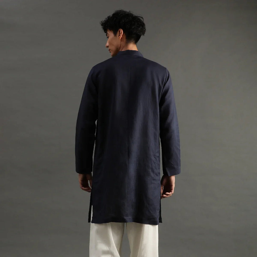 Navy Pintuck Linen Kurta Pyjama Set for Men - BYB PREMIUM