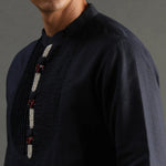 Load image into Gallery viewer, Navy Pintuck Linen Kurta Pyjama Set for Men - BYB PREMIUM

