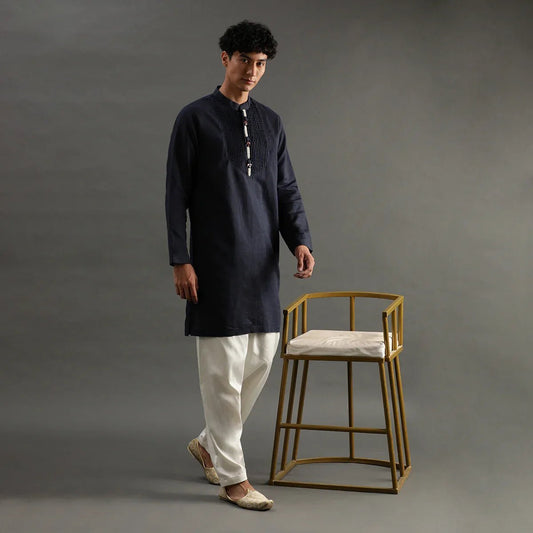 Navy Pintuck Linen Kurta Pyjama Set for Men - BYB PREMIUM