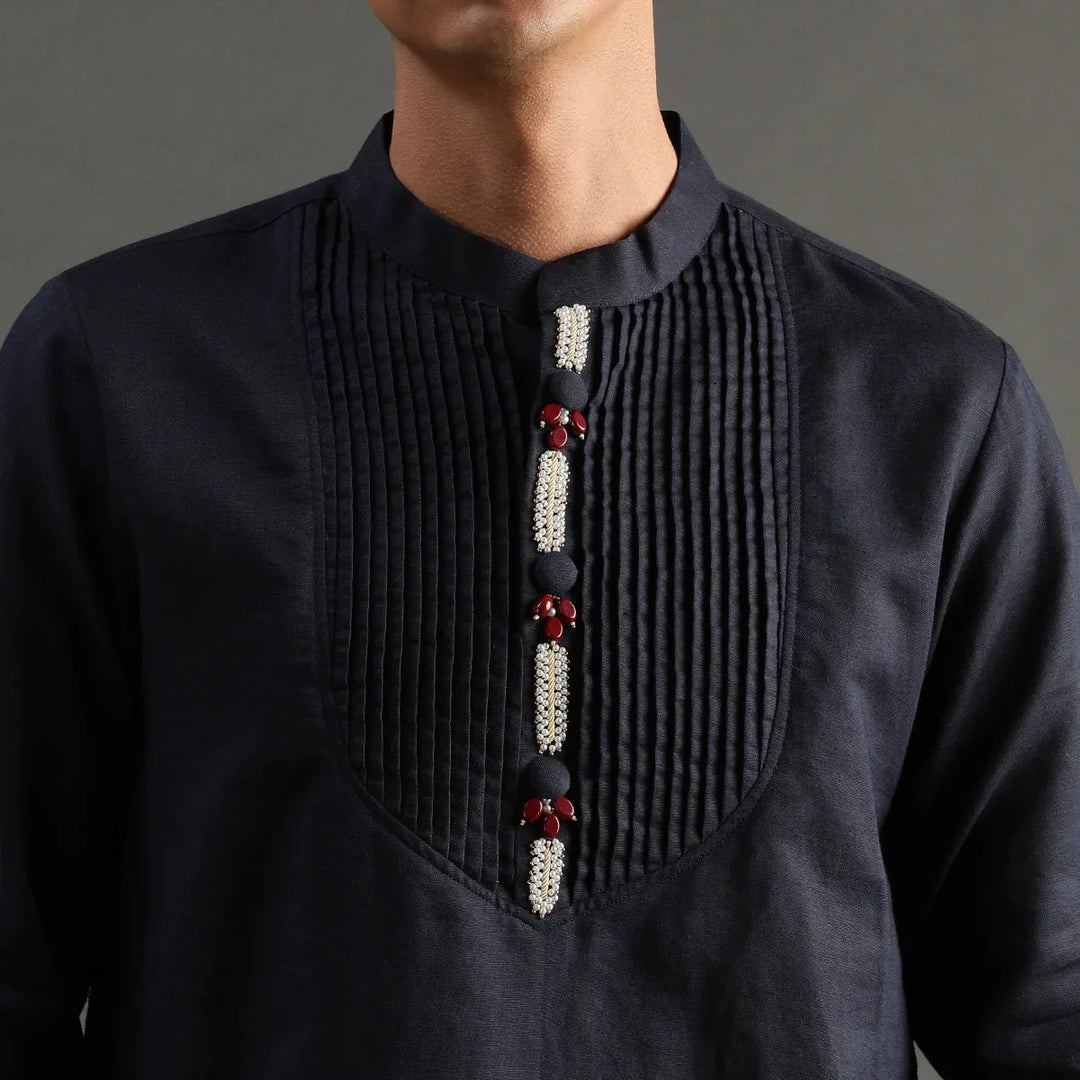 Navy Pintuck Linen Kurta Pyjama Set for Men - BYB PREMIUM