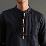 Load image into Gallery viewer, Navy Pintuck Linen Kurta Pyjama Set for Men - BYB PREMIUM
