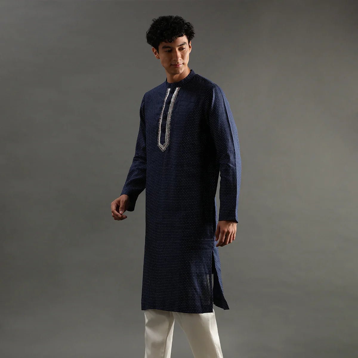 Navy polka dot linen kurta pyjama set for men   byb premium