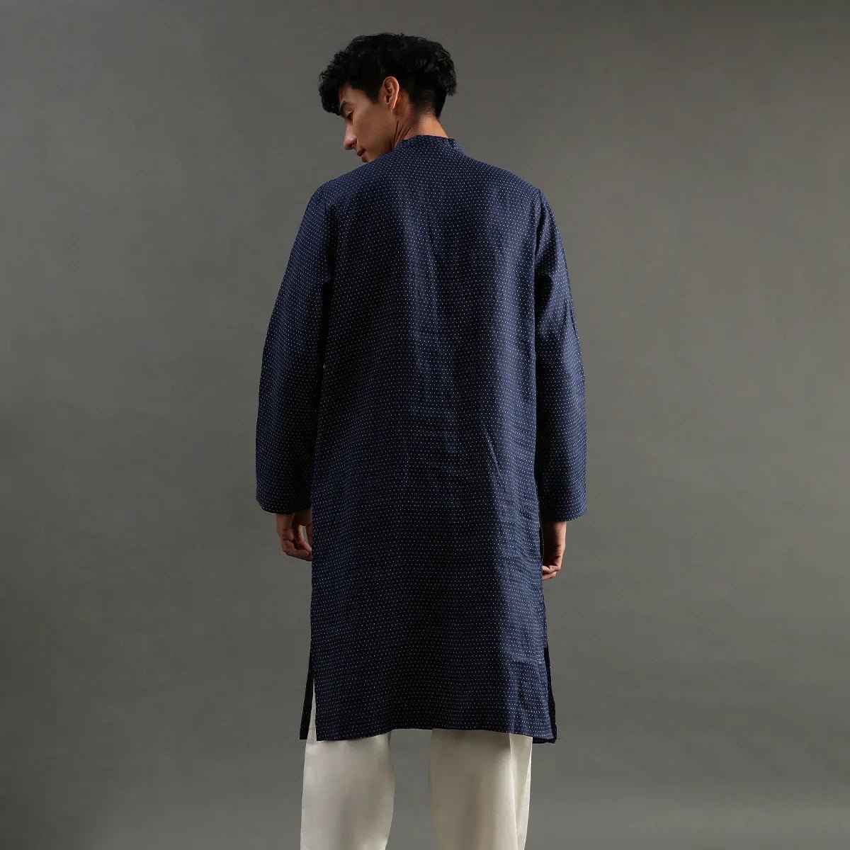 Navy polka dot linen kurta pyjama set for men   byb premium