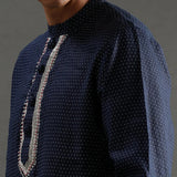 Navy Polka Dot Linen Kurta Pyjama Set for Men - BYB PREMIUM