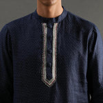 Load image into Gallery viewer, Navy Polka Dot Linen Kurta Pyjama Set for Men - BYB PREMIUM
