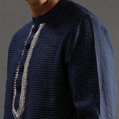Navy Polka Dot Linen Kurta Pyjama Set for Men - BYB PREMIUM