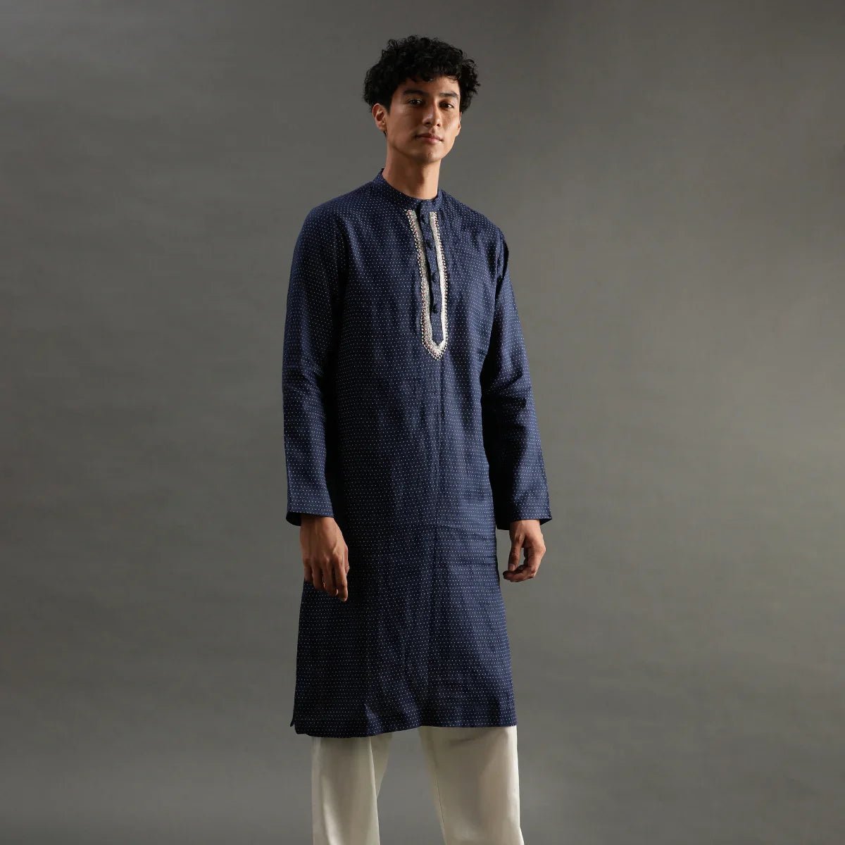 Navy polka dot linen kurta pyjama set for men   byb premium