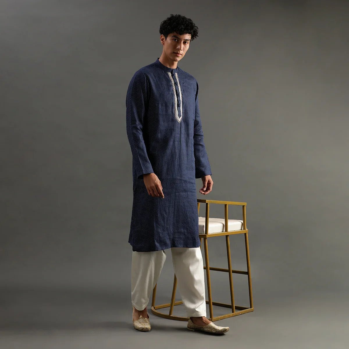 Navy polka dot linen kurta pyjama set for men   byb premium
