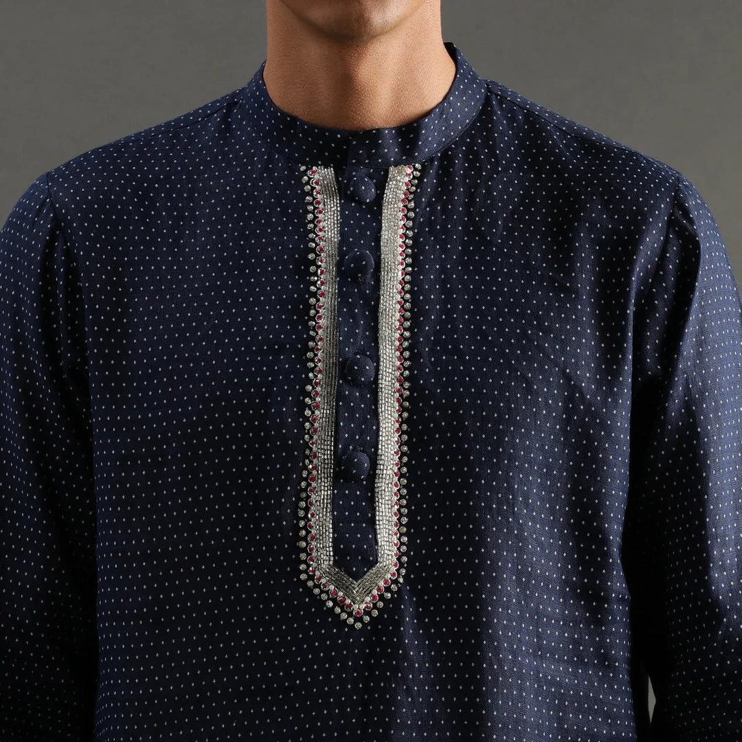 Navy Polka Dot Linen Kurta Pyjama Set for Men - BYB PREMIUM