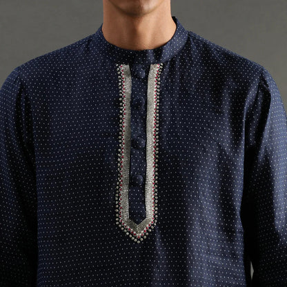 Navy Polka Dot Linen Kurta Pyjama Set for Men - BYB PREMIUM