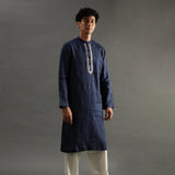 Navy Polka Dot Linen Kurta Pyjama Set for Men - BYB PREMIUM
