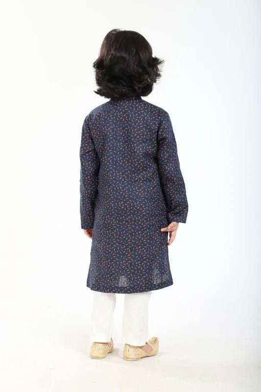Navy printed linen kurta pajama set   byb premium