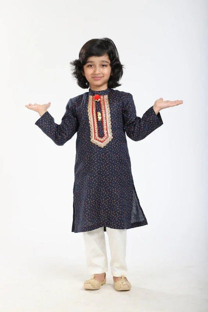 Navy Printed Linen Kurta Pajama Set - BYB PREMIUM
