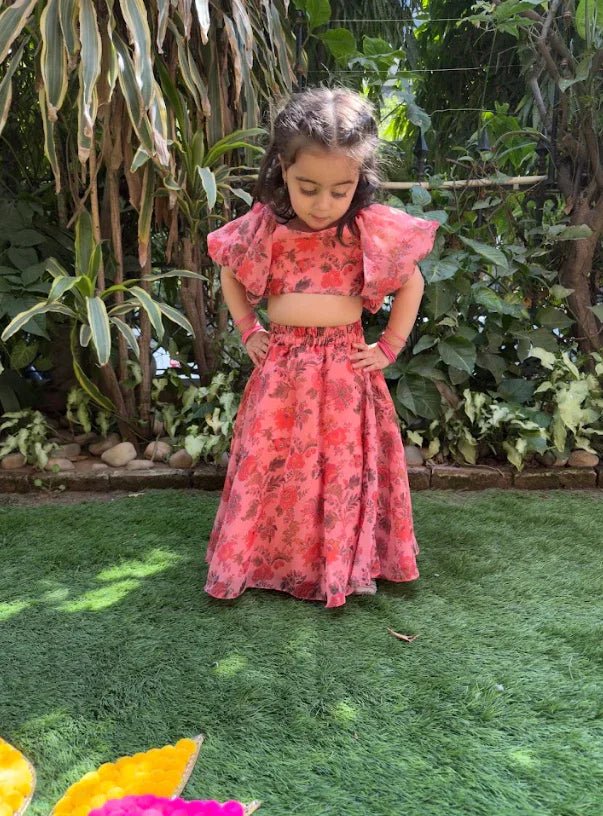 Off shoulder chiffon printed peach col top and skirt set   byb premium