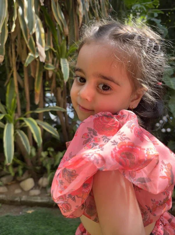 Off shoulder chiffon printed peach col Top and skirt set - BYB PREMIUM