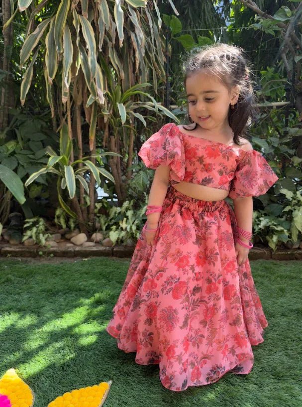 Off shoulder chiffon printed peach col Top and skirt set - BYB PREMIUM