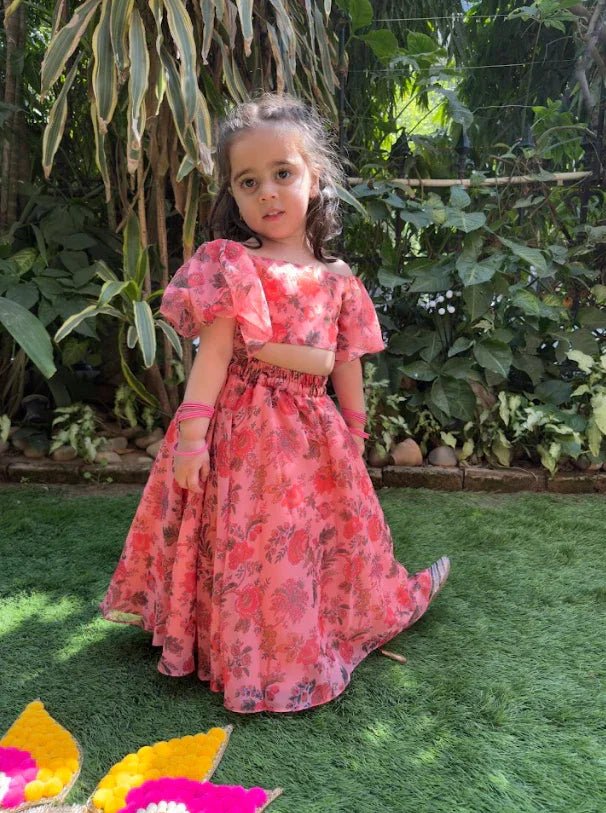 Off shoulder chiffon printed peach col top and skirt set   byb premium