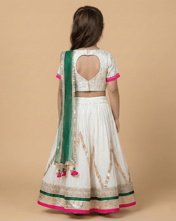 Off-White Chanderi Lehenga Set for Girls with Contrast Lace & Dupatta - BYB PREMIUM