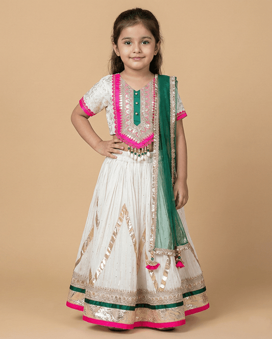 Off-White Chanderi Lehenga Set for Girls with Contrast Lace & Dupatta - BYB PREMIUM