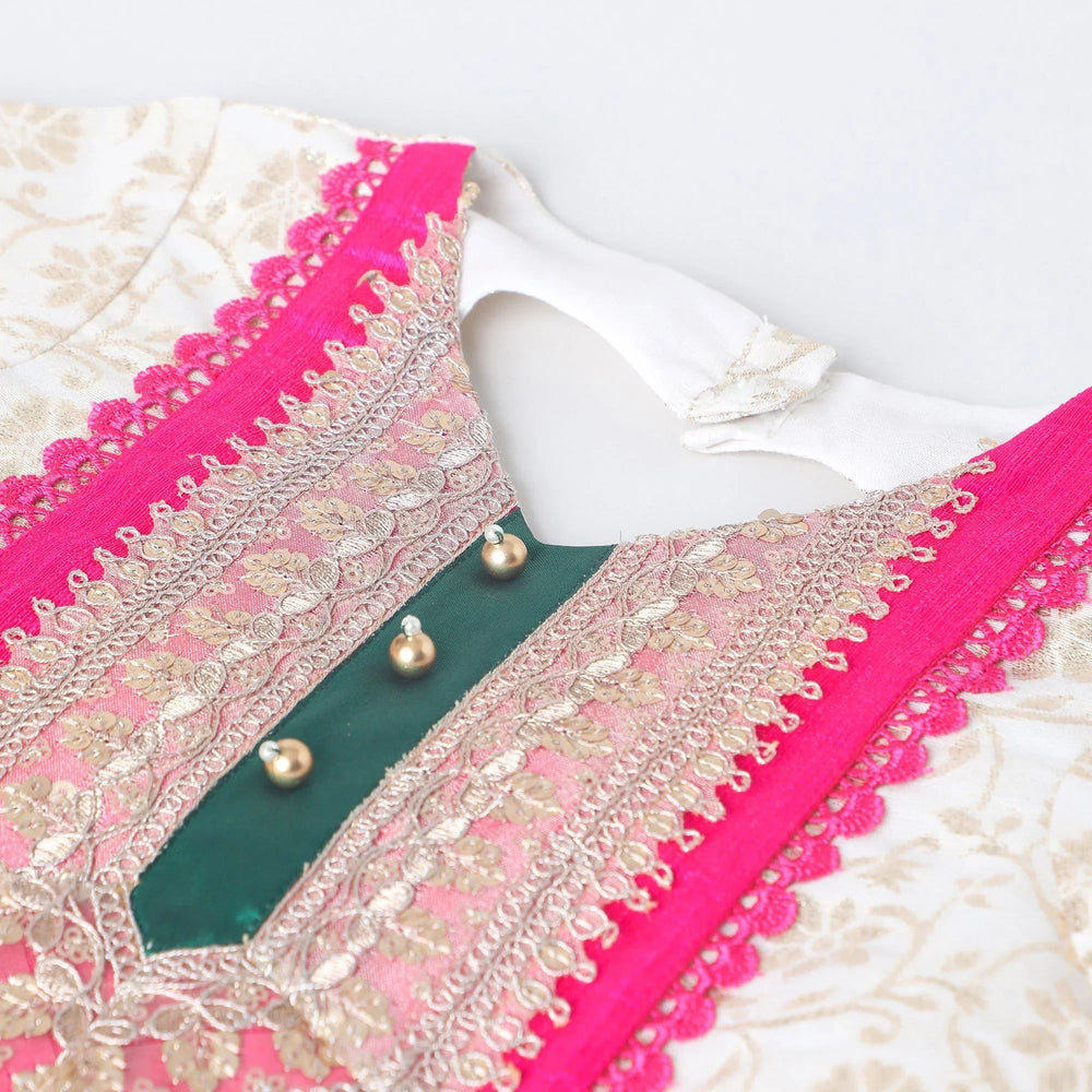 Off-White Chanderi Lehenga Set for Girls with Contrast Lace & Dupatta - BYB PREMIUM