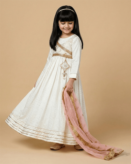 Off White Chanderi Silk Anarkali Dress for Girls with Dupatta - BYB PREMIUM