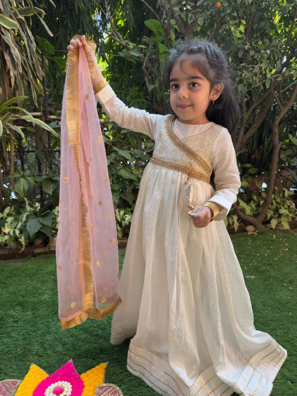 Off White Chanderi Silk Anarkali Dress for Girls with Dupatta - BYB PREMIUM
