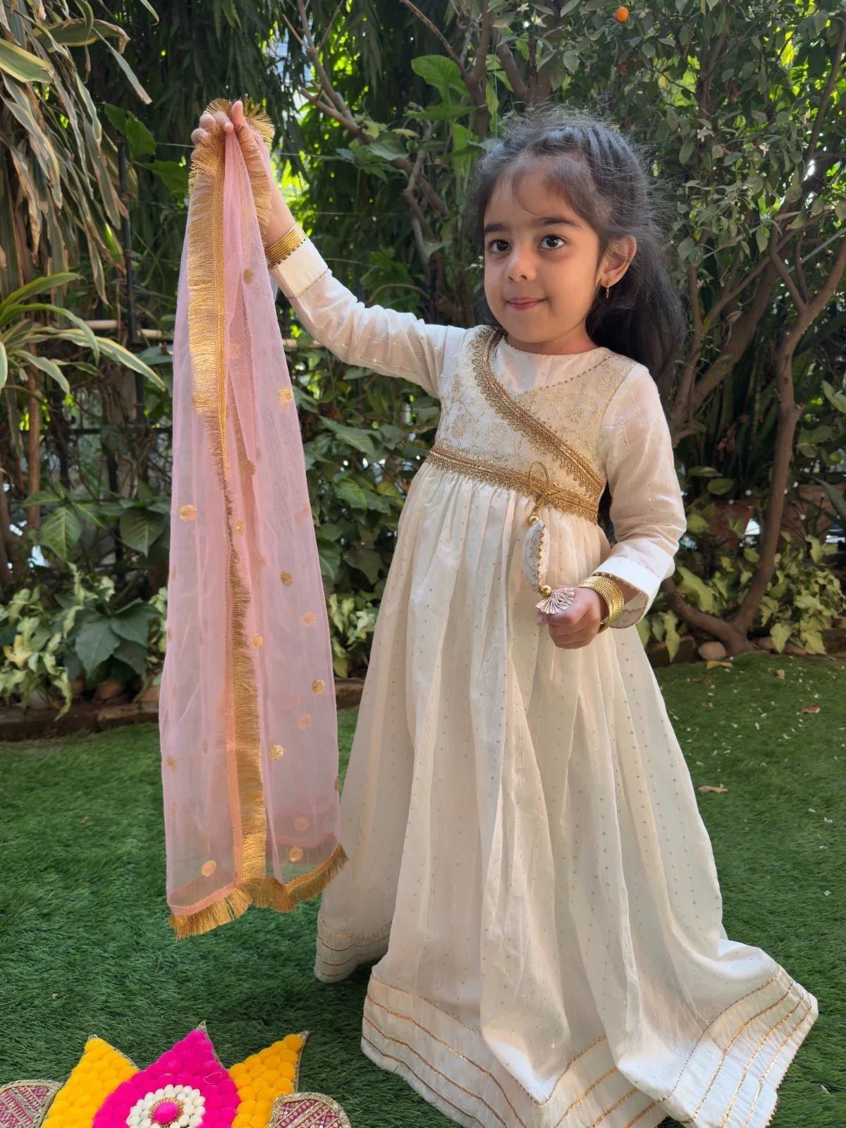 Off white chanderi silk anarkali dress for girls with dupatta   byb premium