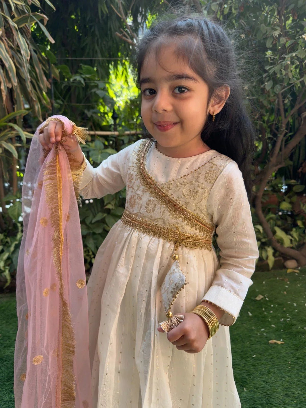 Off White Chanderi Silk Anarkali Dress for Girls with Dupatta - BYB PREMIUM