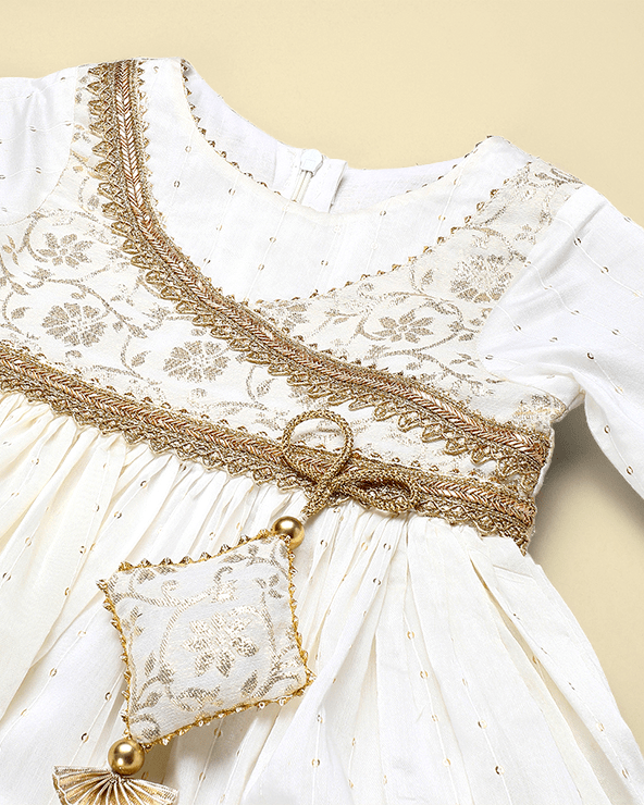 Off White Chanderi Silk Anarkali Dress for Girls with Dupatta - BYB PREMIUM