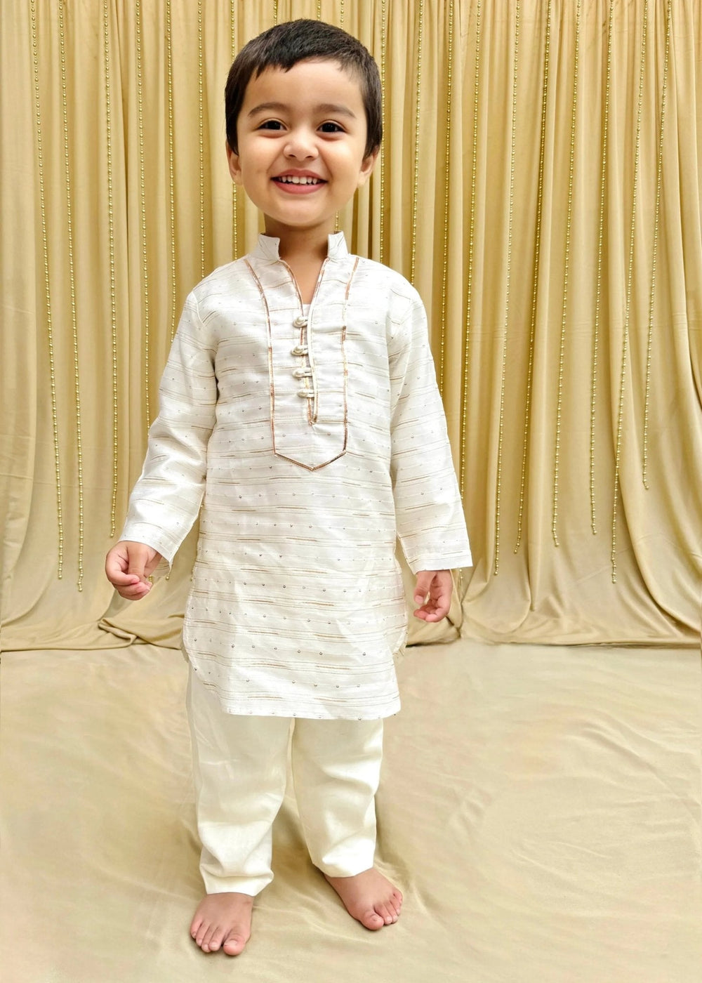 Off-White Chanderi Silk Kurta & Cotton Pyjama Set for Boys - BYB PREMIUM