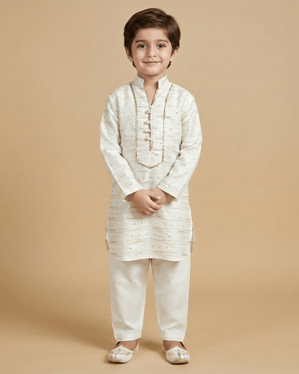 Off-White Chanderi Silk Kurta & Cotton Pyjama Set for Boys - BYB PREMIUM