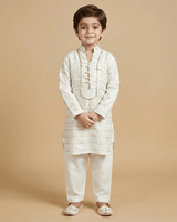 Off-White Chanderi Silk Kurta & Cotton Pyjama Set for Boys - BYB PREMIUM