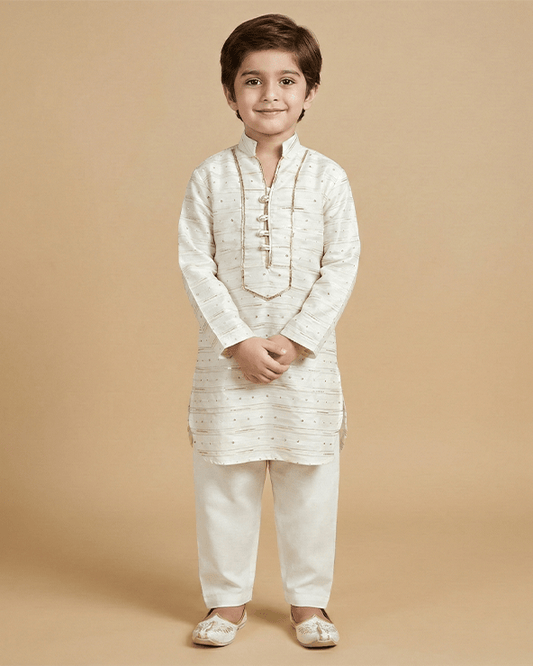 Off-White Chanderi Silk Kurta & Cotton Pyjama Set for Boys - BYB PREMIUM