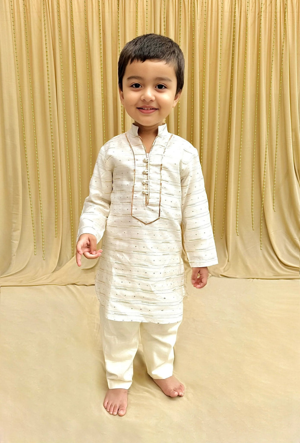 Off-White Chanderi Silk Kurta & Cotton Pyjama Set for Boys - BYB PREMIUM