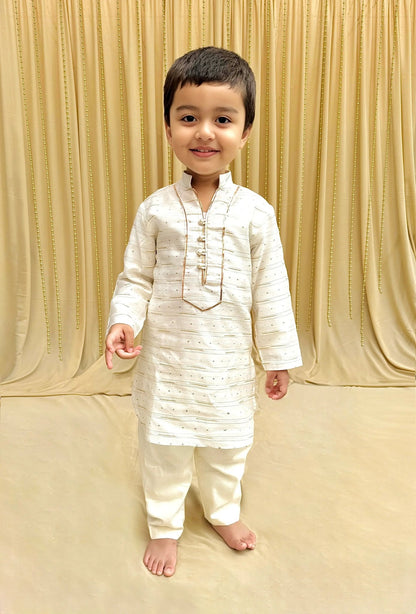 Off - White Chanderi Silk Kurta Pyjama for Boys - BYB PREMIUM