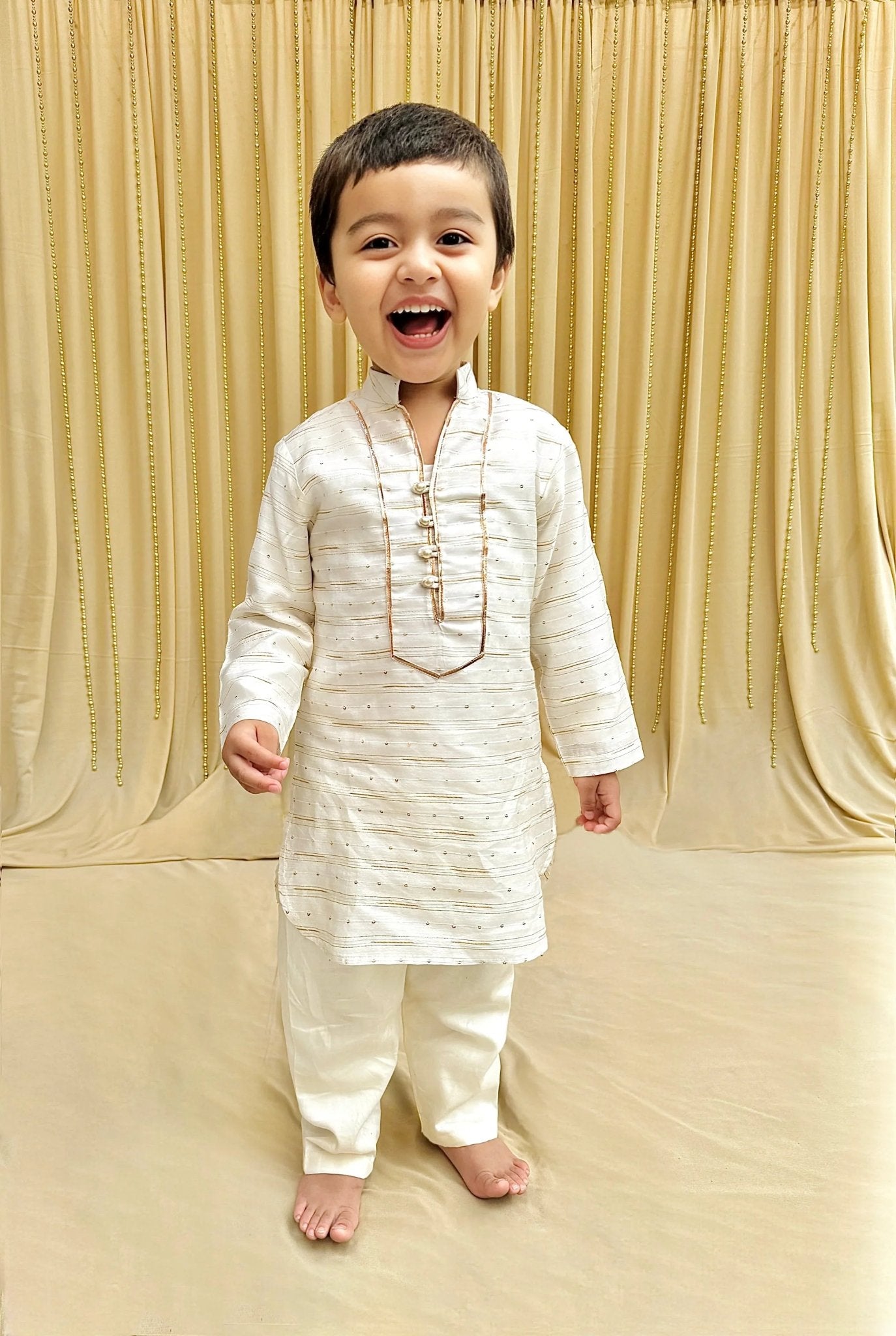 Off - White Chanderi Silk Kurta Pyjama for Boys - BYB PREMIUM