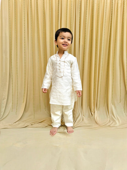Off - White Chanderi Silk Kurta Pyjama for Boys - BYB PREMIUM