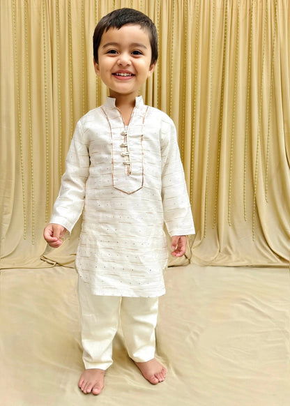 Off - White Chanderi Silk Kurta Pyjama for Boys - BYB PREMIUM