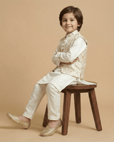 Off-White Chanderi Silk Kurta with Brocade Bandi and Pyjama Set for Boys. - BYB PREMIUM