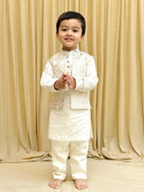 Off-White Chanderi Silk Kurta with Brocade Bandi and Pyjama Set for Boys. - BYB PREMIUM