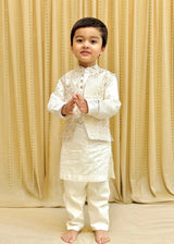 Off-White Chanderi Silk Kurta with Brocade Bandi and Pyjama Set for Boys. - BYB PREMIUM