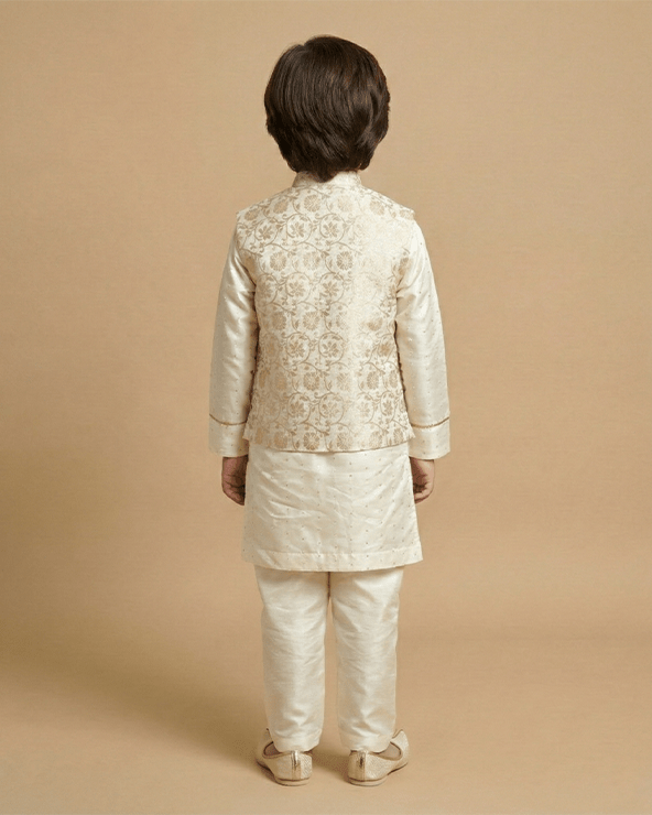 Off-White Chanderi Silk Kurta with Brocade Bandi and Pyjama Set for Boys. - BYB PREMIUM