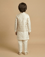 Off-White Chanderi Silk Kurta with Brocade Bandi and Pyjama Set for Boys. - BYB PREMIUM