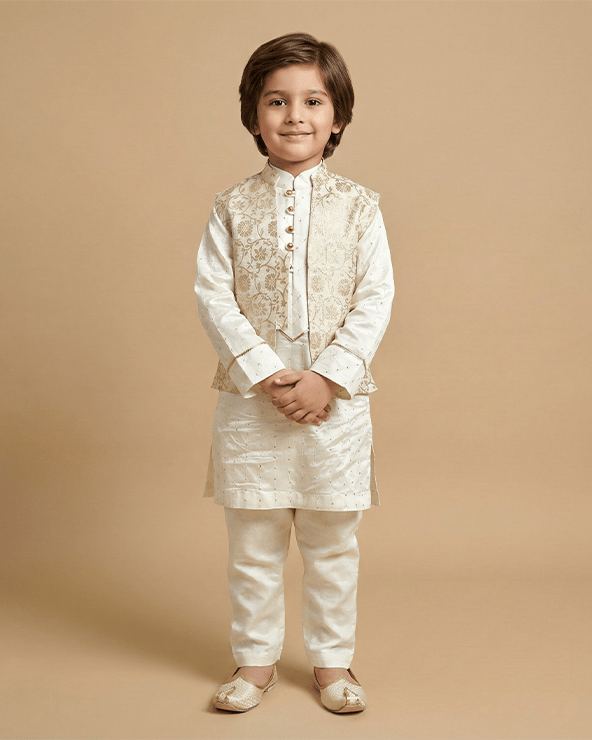 Off-White Chanderi Silk Kurta with Brocade Bandi and Pyjama Set for Boys. - BYB PREMIUM