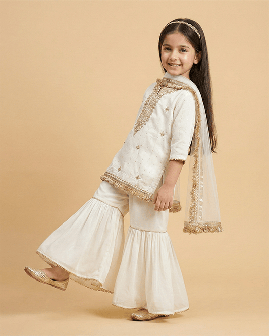 Off White Chanderi Silk Kurti Sharara Set for Girls with Dupatta - BYB PREMIUM