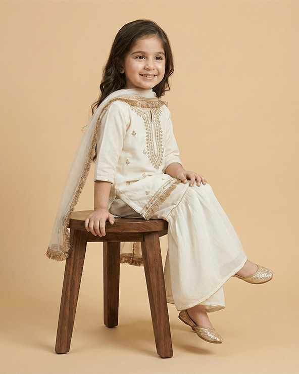 Off white chanderi silk kurti sharara set for girls with dupatta   byb premium