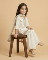 Off White Chanderi Silk Kurti Sharara Set for Girls with Dupatta - BYB PREMIUM