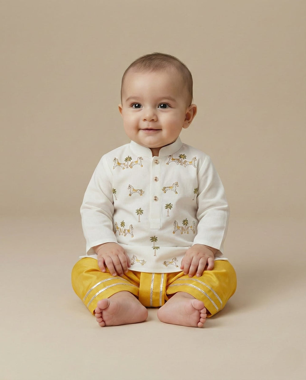 Off-White Cotton Kurta Dhoti Set for Babies with Moti & Gota Work - BYB PREMIUM