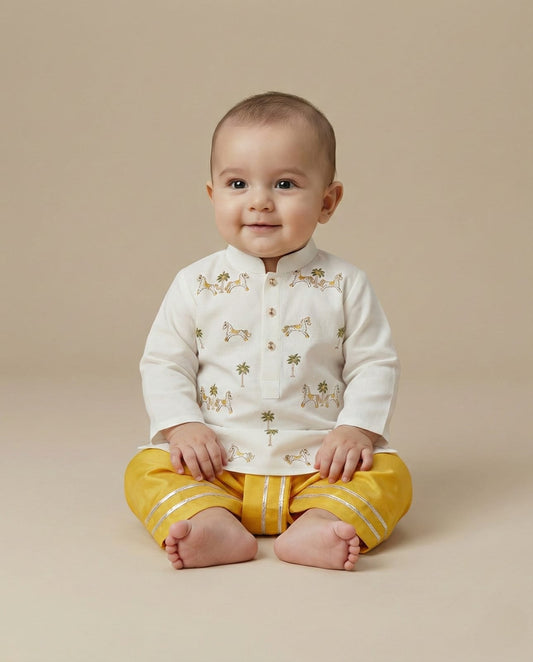 Off-White Cotton Kurta Dhoti Set for Babies with Moti & Gota Work - BYB PREMIUM