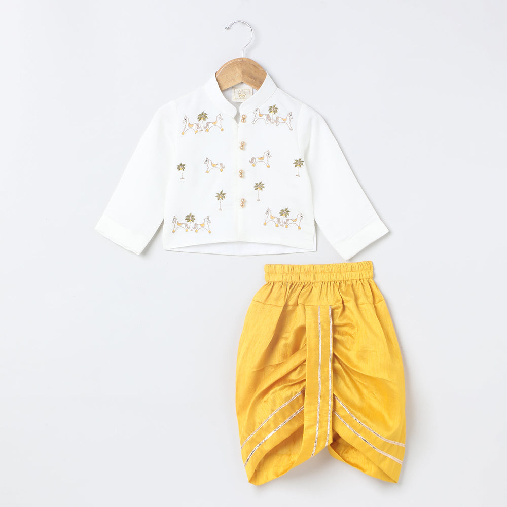 Off-White Cotton Kurta Dhoti Set for Babies with Moti & Gota Work - BYB PREMIUM